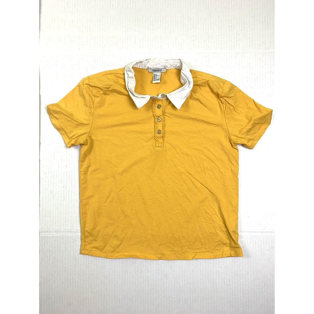 Forever 21 Polo T-Shirt Womens S Yellow Stretch Rayon Blnd Short Sleeve Lace